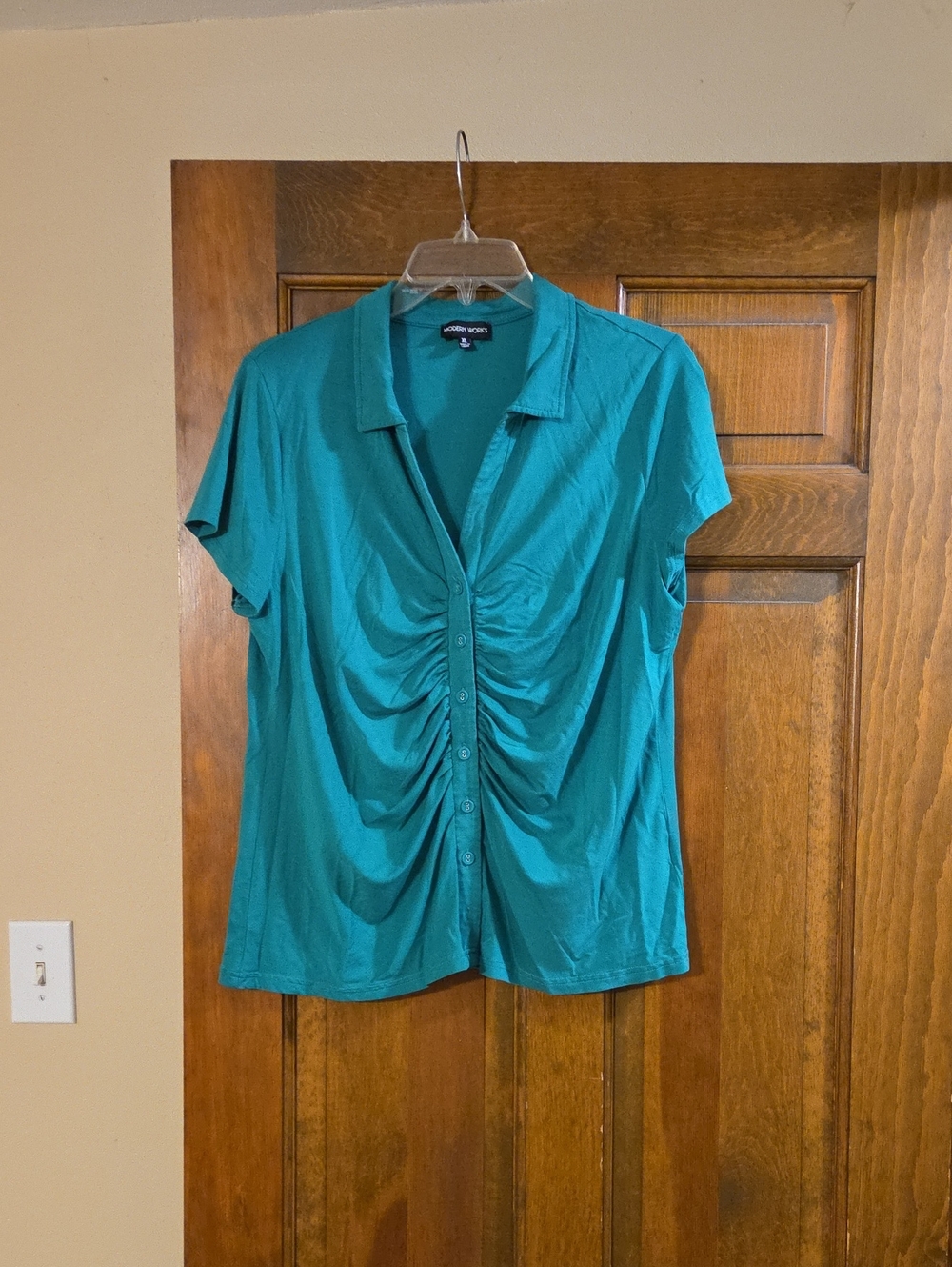 Teal Ruched Button-Front Short Sleeve  Blouse